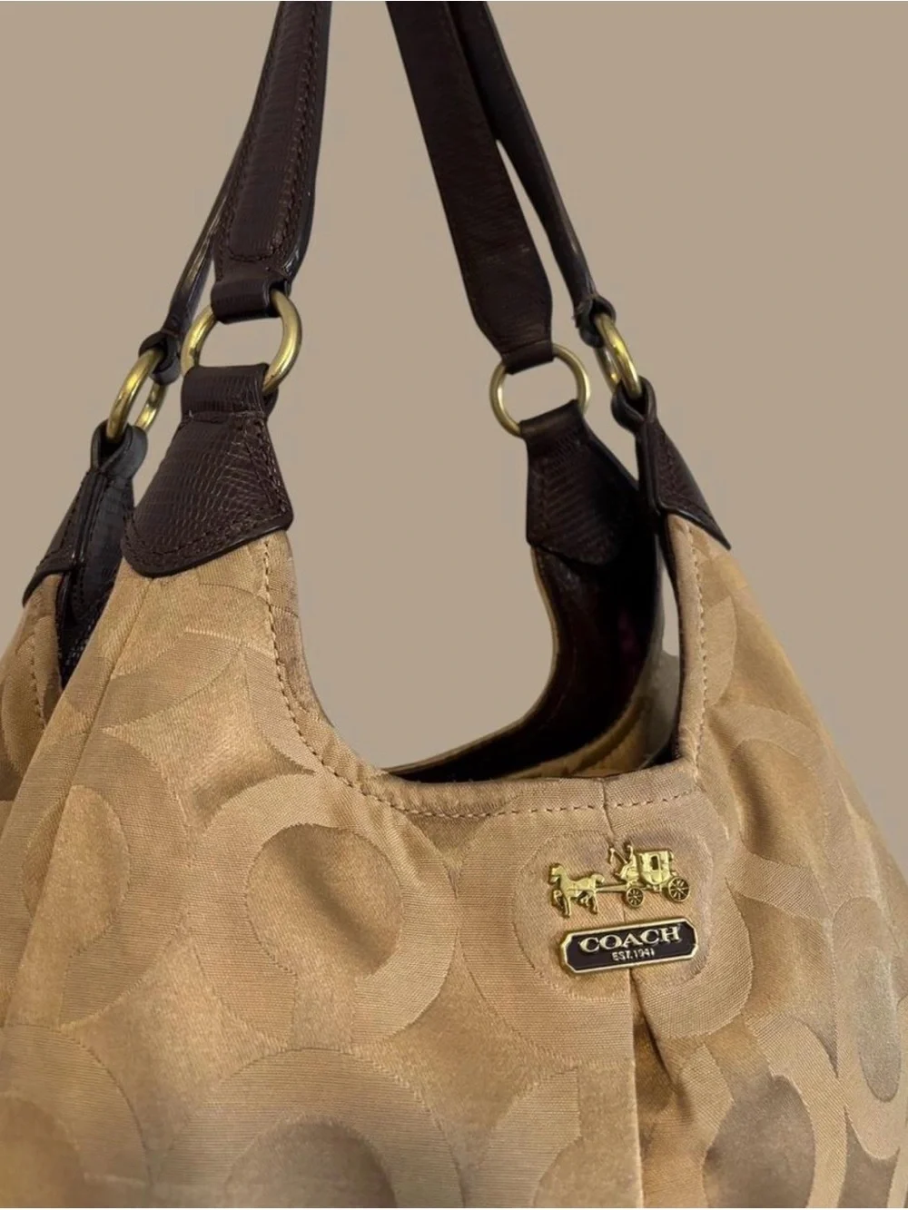 Coach Beige Signature Jacquard Shoulder Bag with Dark Brown Trim